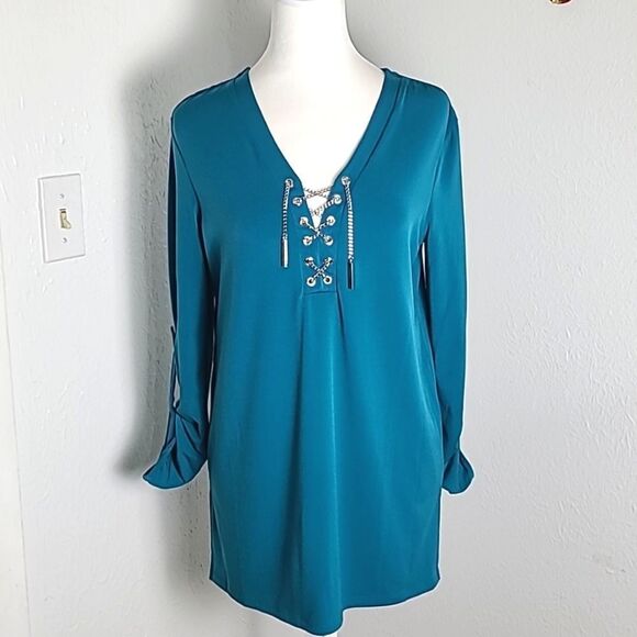 Michael Michael Kors Teal Pullover Top with Chain Lace-up Neckline, Size Medium - Picture 1 of 9